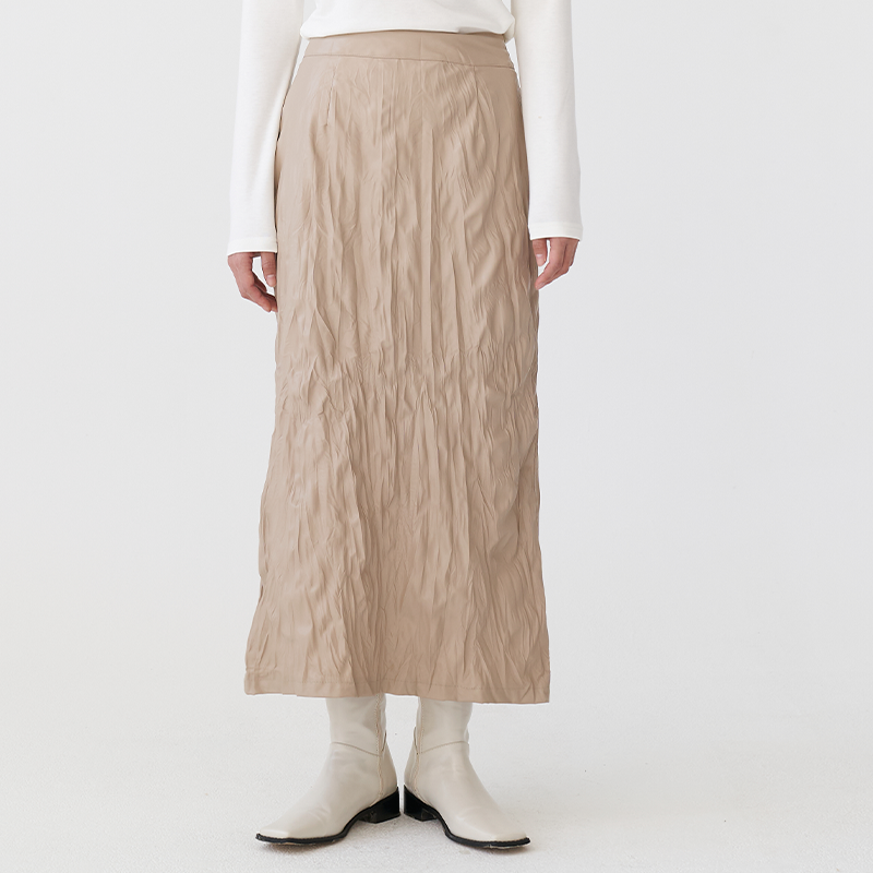 WRINKLE FAUX LEATHER LONG SKIRT [Beige, Black] – ALAND USA